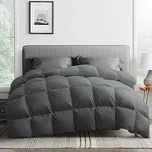 puredown® Goose Feather Down Comforter Full Size, All Season Medium Warmth Duvet Insert, Luxury Hotel Collection Bedding Comforters, Ultra Soft 100% Cotton Cover Shell(90x90,Dark Grey)