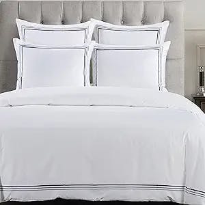HiEnd Accents Embroidered Border 3 Piece Duvet Cover Set, Super Queen Size, White with Navy Embroidery, Modern Classic Hotel Style Cotton Luxury Bedding, 1 Comforter Cover and 2 Pillowcases