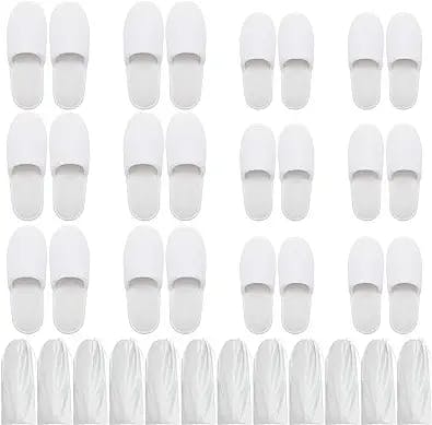 Spa Slippers (12 Pairs) with Drawstring Bags - White Fluffy Closed Toe Disposable Slippers - Two Size(S, L) Fits Most Men, Women - Perfect for Bathroom, Guests, Travel, Home, Wedding, Hotel Use