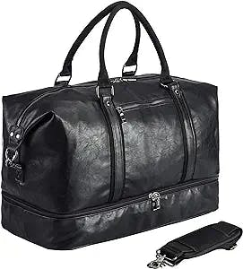 Leather Travel Bag with Shoe Pouch,Weekender Overnight Bag Waterproof Leather Large Carry On Bag Travel Tote Duffel Bag for Men or Women