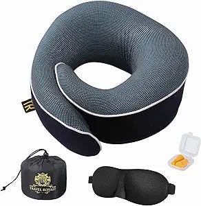 Travel Royale Neck Pillow Head, Chin, Neck 360° Support Pillow Adjustable 100% Pure Memory Foam Pillow for Airplanes, Car & Home, Ergonomic Design Full Neck Surround Bundle Eyecover & Earplugs (Navy)