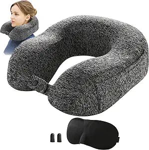 Truwelby Travel Pillow, Neck Pillow Memory Foam Neck Pillow for Travel, Airplane Travel Kit with 3D Contoured Eye Cover Earplugs Standard Airplane Pillow Cooling Travel Head Support Pillow