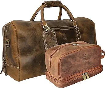 RUSTIC TOWN Leather Duffel Bag & Toiletry Bag Combo - The Best Masculine Travel Gift For Men
