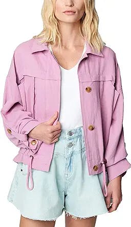 [BLANKNYC] Womens Luxury Clothing Linen Utility Jacket with Pockets, Comfortable & Stylish Coat