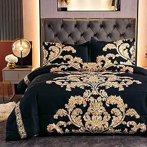 A Nice Night Paisley Yellow Flower Not Gold, Microfiber Comforter Set, Modern Luxury Design Hotel Style All Season Comforter Set with Pillow Cases (Black,King)