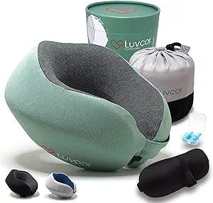 Luvcor Premium Quality Memory Foam Travel Neck Pillow Bundle - Best Ergonomic Pillow for Airplane Travel, car Ride, Sleeping. Comes with Eye mask, earplugs and Storage Bag. (Imperial Green)