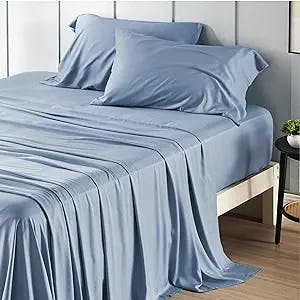 Bedsure Cooling Sheets Set, Rayon Made from Bamboo, Queen Sheet Set, Deep Pocket Up to 16", Hotel Luxury Silky Soft Breathable Bedding Sheets & Pillowcases, Mineral Blue