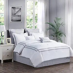 SHALALA White Comforter King Size,8-Piece Hotel King Comforter Bedding Sets with Matching Bed Skirt, Pillow Shams, Decorative Pillows,Modern Bed Coverings for All Seasons