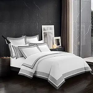 Casabolaj Shading 3 Pieces Do Not Include Filling Duvet Cover Set 100% Egyptian Cotton Sateen Luxury 400 TC Classic and Contemporary Frame Patchwork Button Closure Corner Ties-White/Taupe/Grey (King)