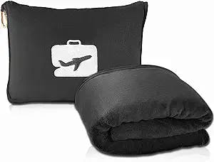 EverSnug Travel Blanket and Pillow - Premium Soft 2 in 1 Airplane Blanket with Soft Bag Pillowcase, Hand Luggage Sleeve and Backpack Clip (Black)