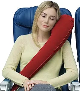 TRAVELREST Ultimate Travel Pillow & Neck Pillow - Straps to Airplane Seat & Car - Best Accessory for Plane, Auto, Bus, Train, Office Napping, Camping, Wheelchairs (Rolls Up Small) (Red)